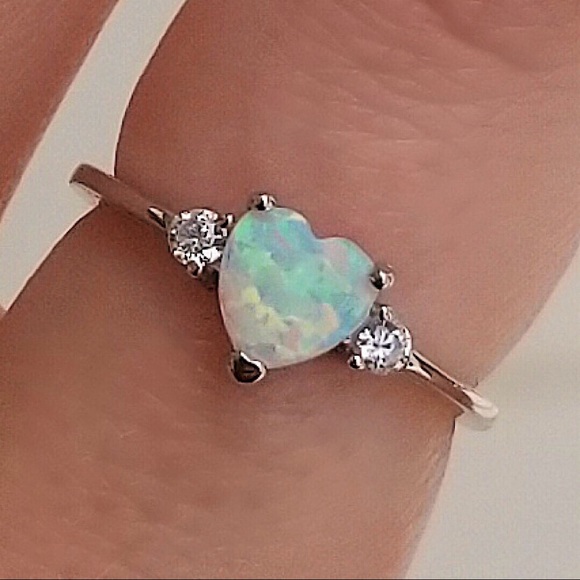 .925 Sterling Silver White Opal Heart Ring - Picture 2 of 6